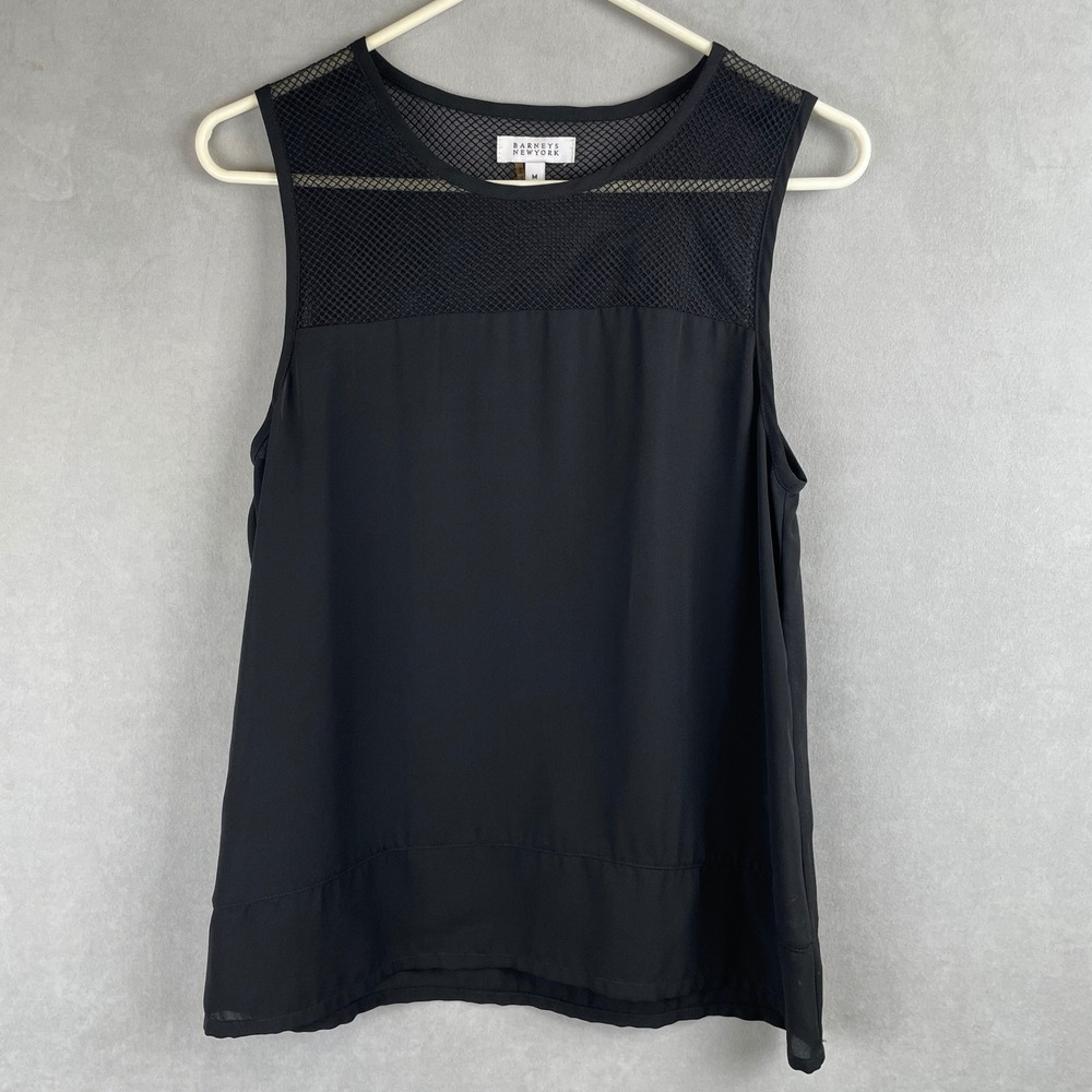 Barneys New York Womens Black Mesh Yoke Sleeveless Tank Top Shell Edgy Goth M